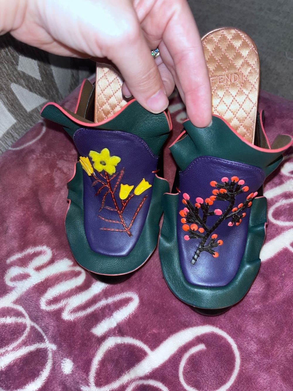 Fendi Green & Purple Floral Embroidered Leather Mules